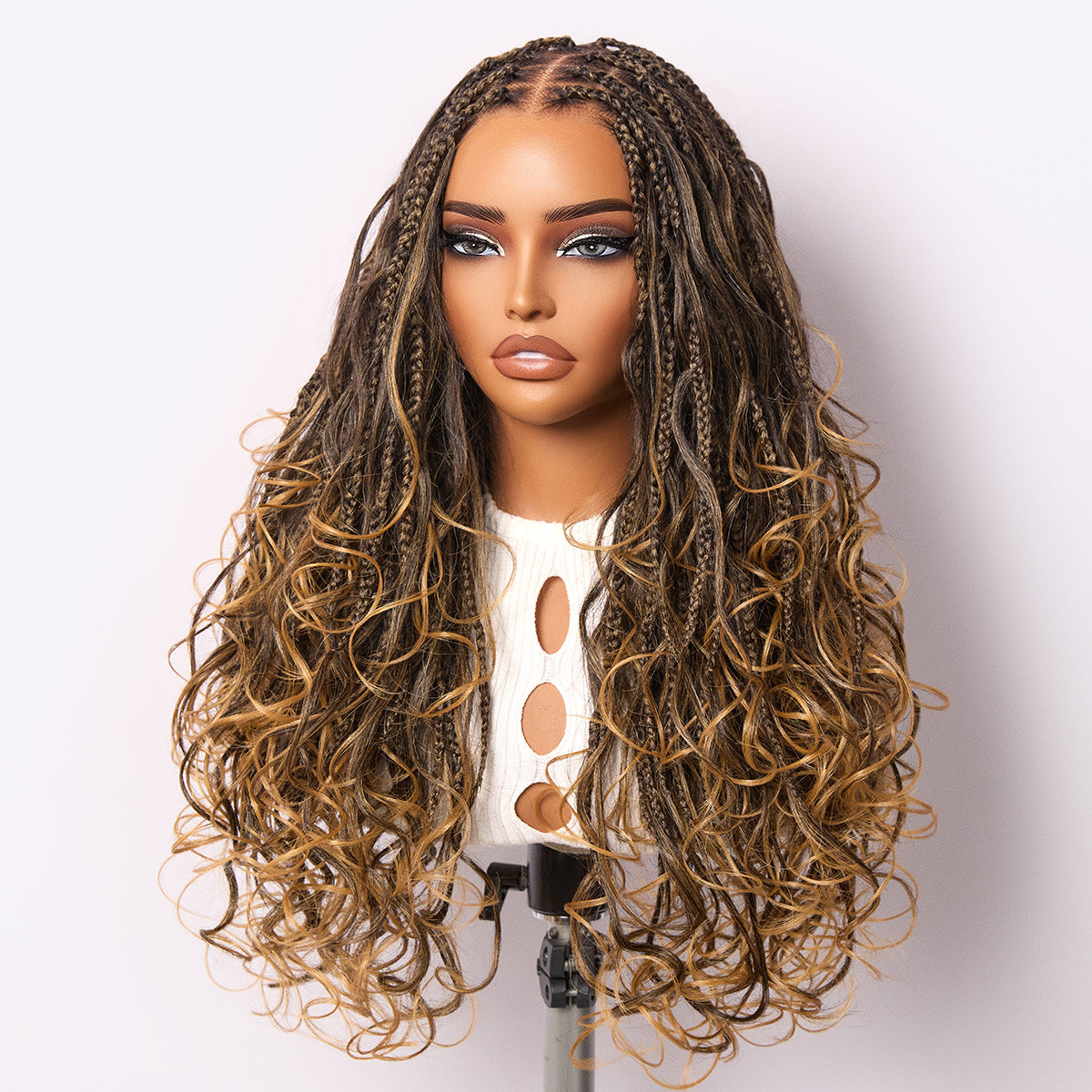 Ombre Honey Blonde French Curl Knotless Boho Braids HD Full Lace Long Wig Flexi Fit Invisi Drawstring Cap