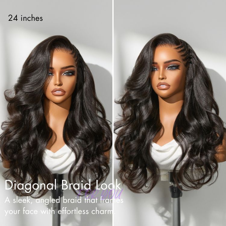 Side Braided Yaki Body Wave Glueless Ear-to-ear 13x6 Frontal HD Lace Wig Human Hair Flexi-Fit Drawstring Cap