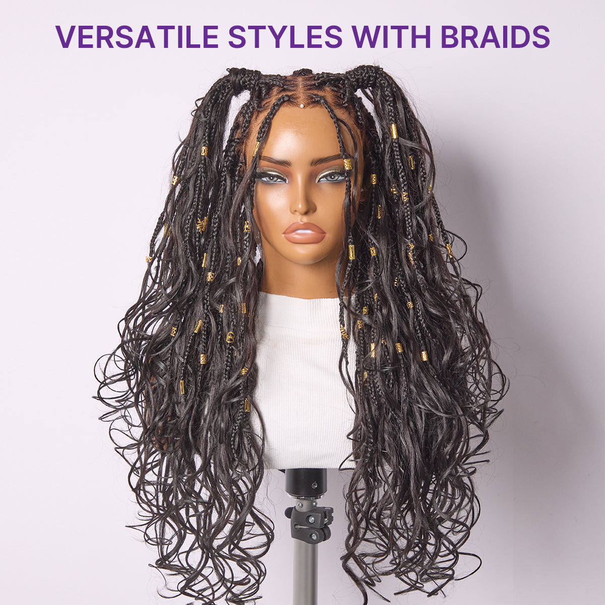 French Curl Knotless Boho Braids HD Full Lace Long Wig Flexi Fit Invisi Drawstring Cap