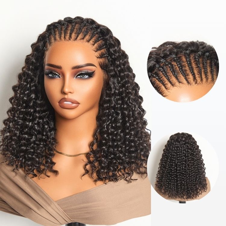 Knotless Fulani Braids Deep Wave Glueless Ear-to-ear 13x4 Frontal HD Lace Wig Human Hair