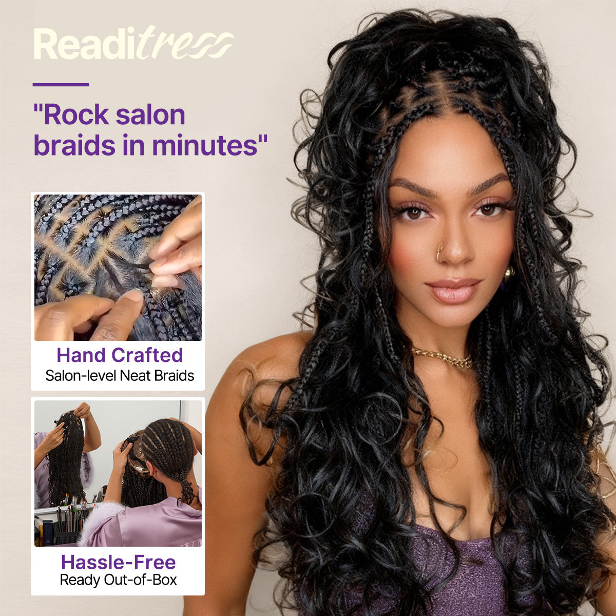 French Curl Knotless Boho Braids HD Full Lace Long Wig Flexi Fit Invisi Drawstring Cap